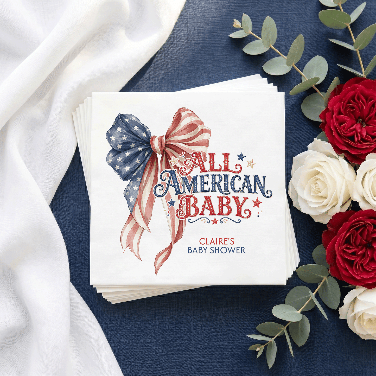 Fourth of July Baby Shower Napkins, Patriotic Bow Gender Neutral - Pretty Gifted