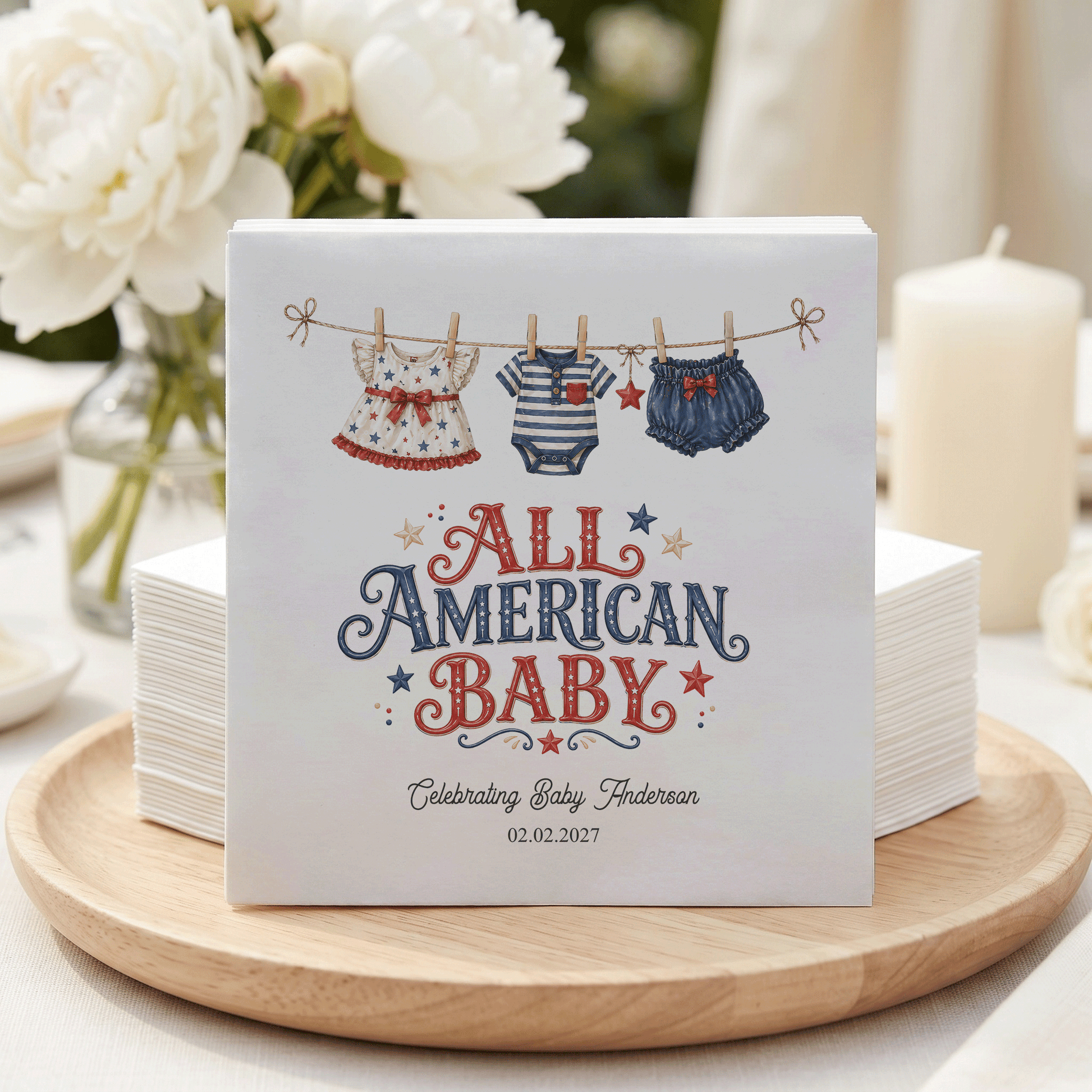 Fourth of July Baby Shower Napkins, Patriotic Clothesline - Pretty Gifted