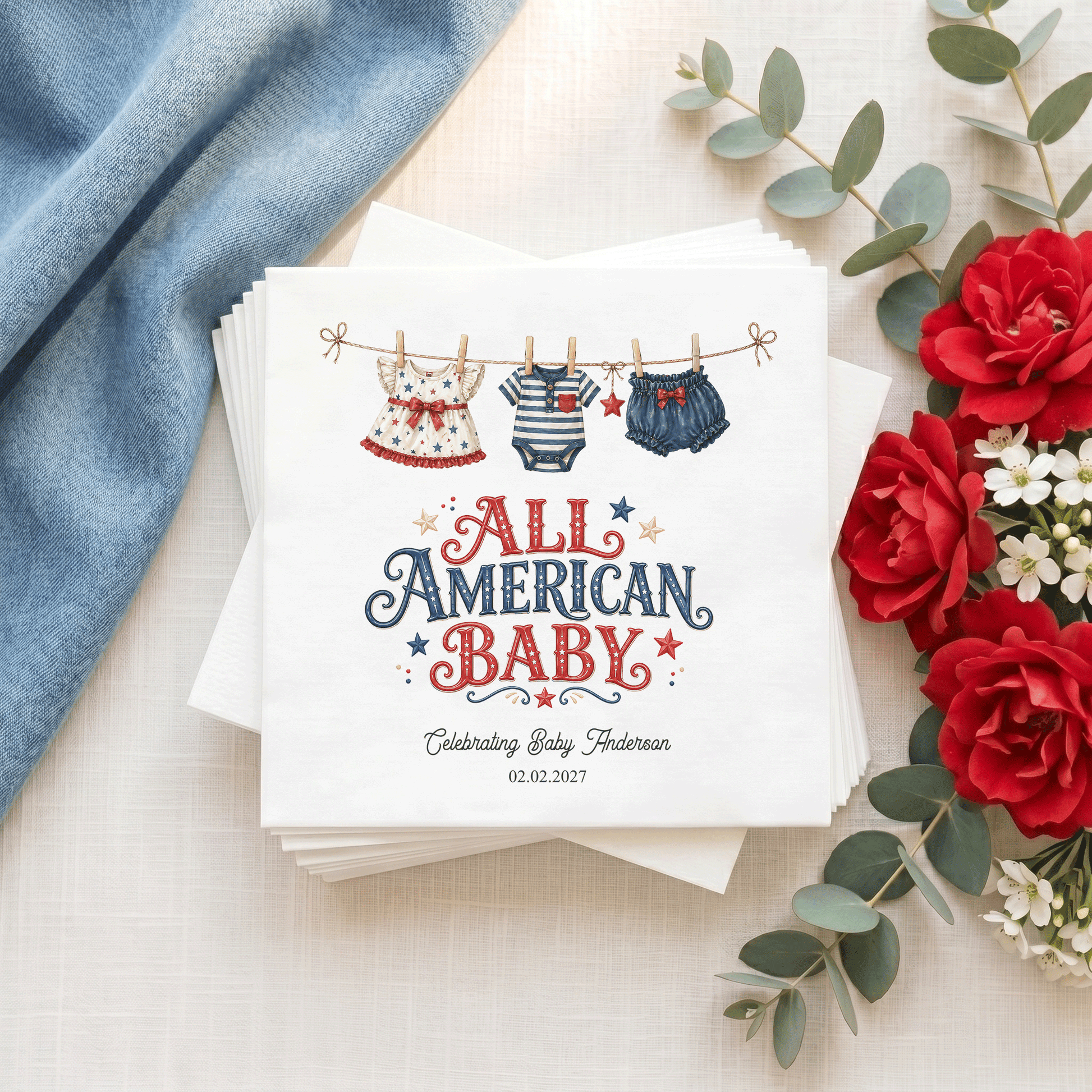 Fourth of July Baby Shower Napkins, Patriotic Clothesline - Pretty Gifted