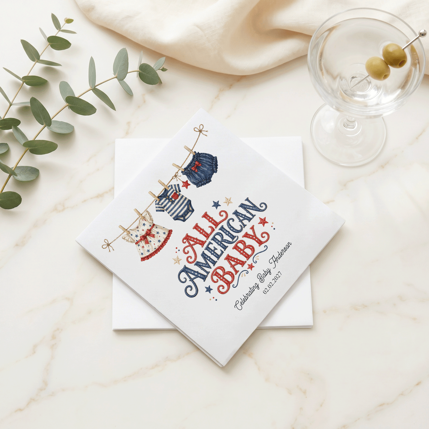 Fourth of July Baby Shower Napkins, Patriotic Clothesline - Pretty Gifted