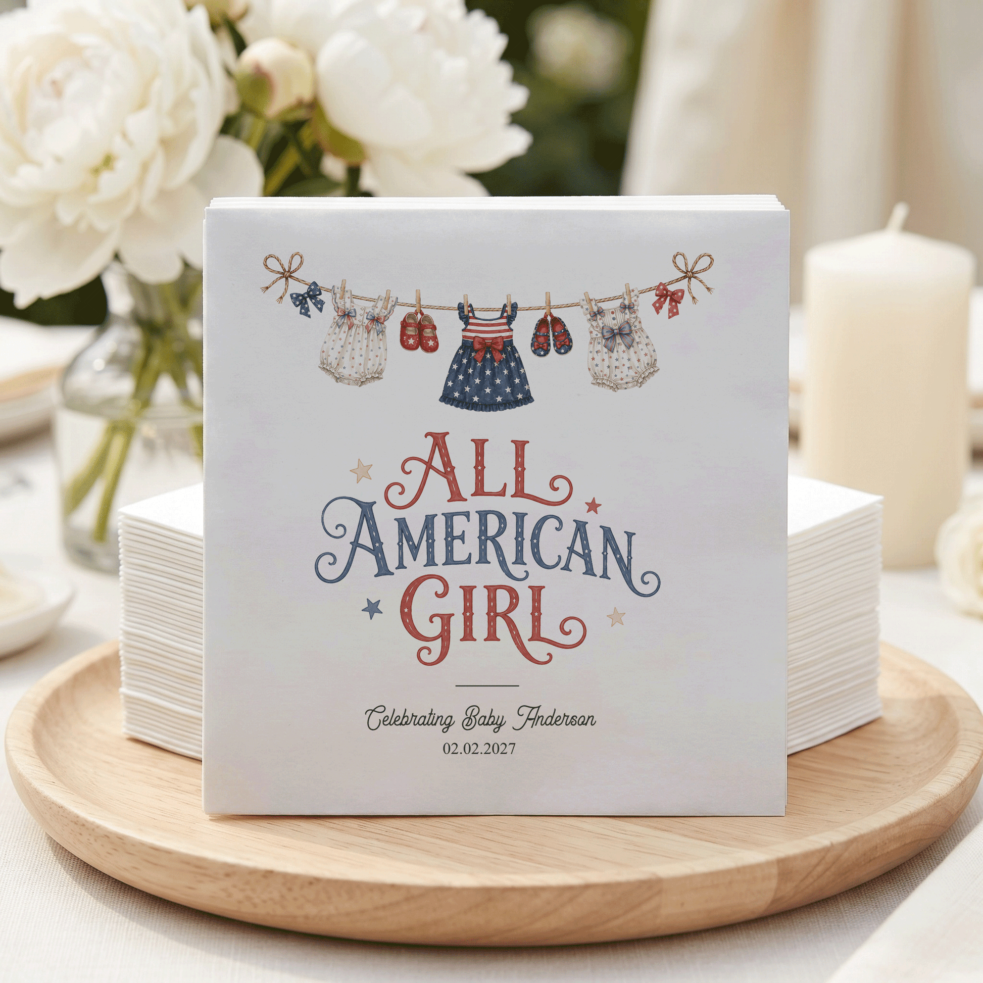 Fourth of July Baby Shower Napkins, Patriotic Girl Party - Pretty Gifted