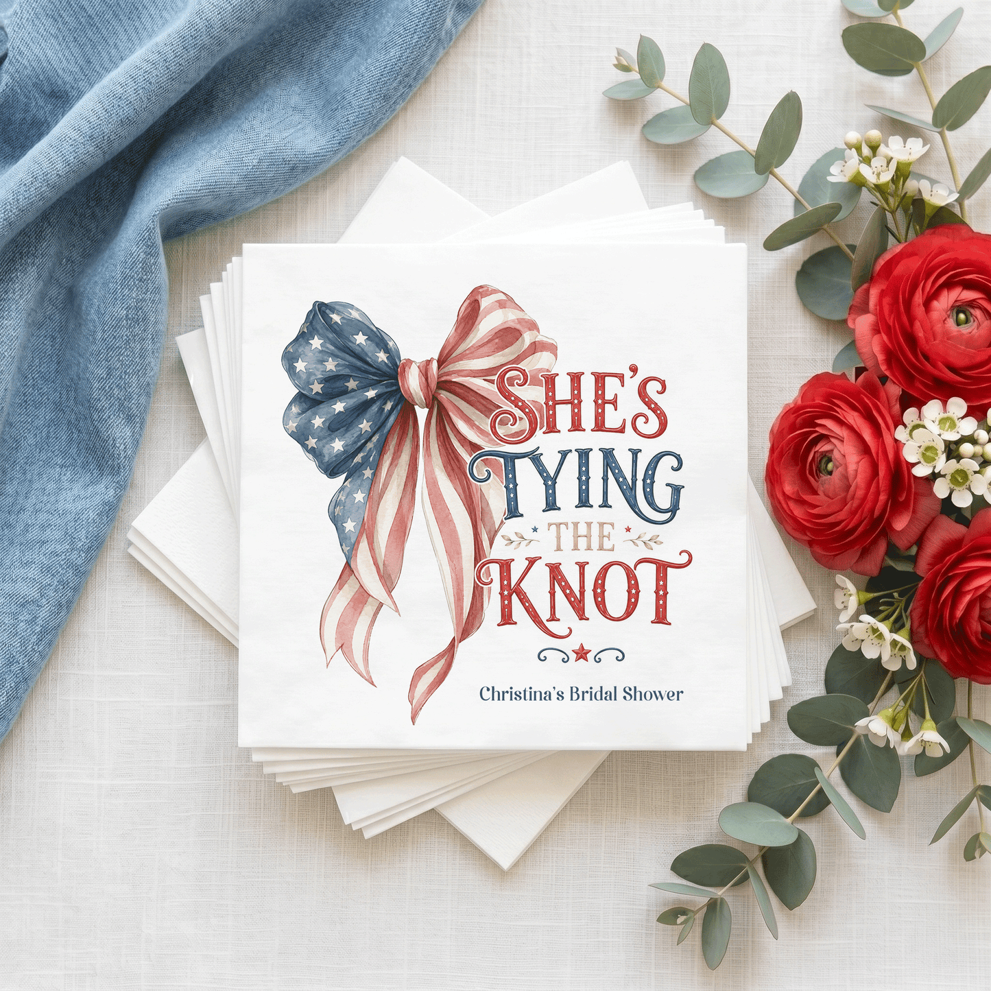 Fourth of July Bridal Shower Napkins, She's Tying the Knot - Pretty Gifted