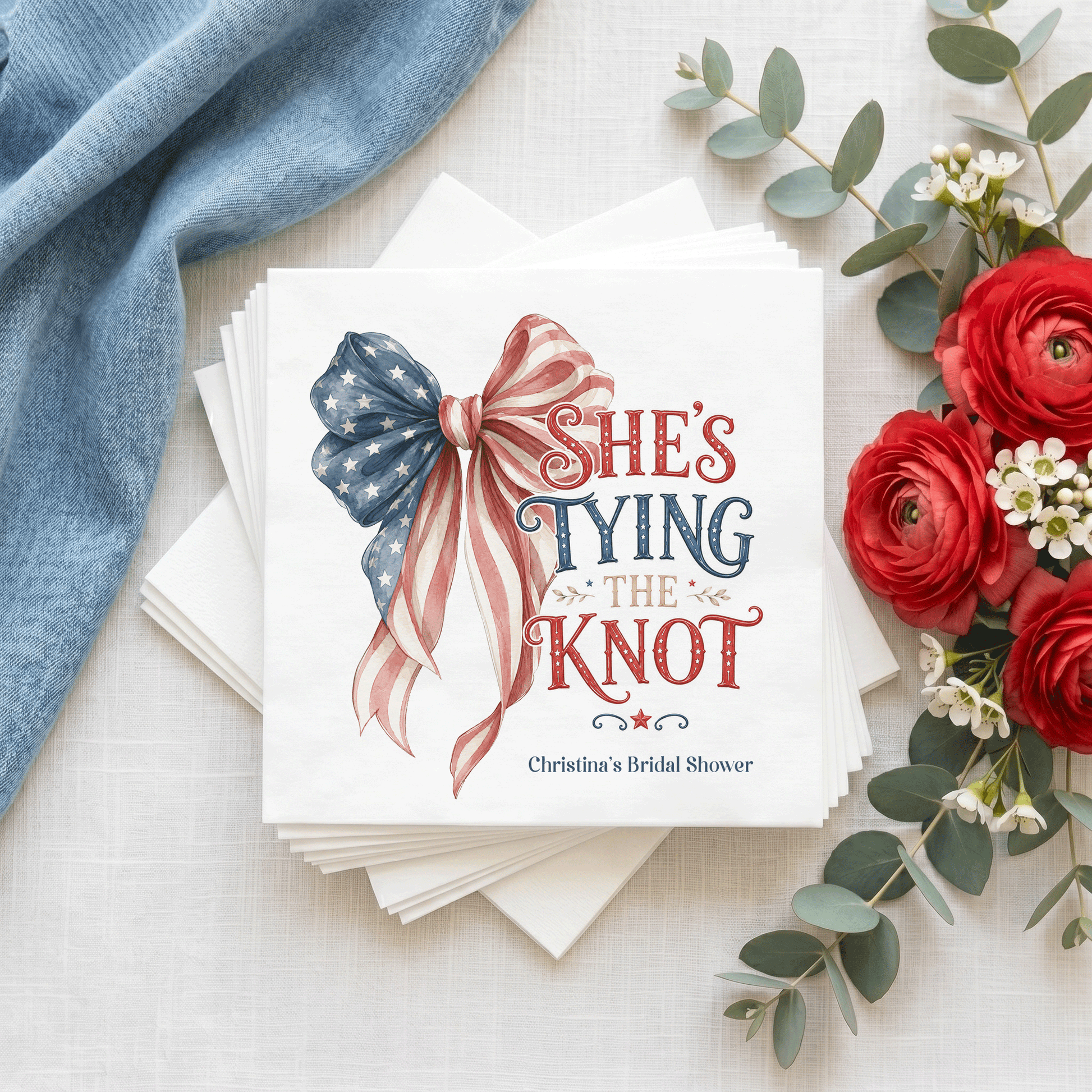 Fourth of July Bridal Shower Napkins, She's Tying the Knot - Pretty Gifted