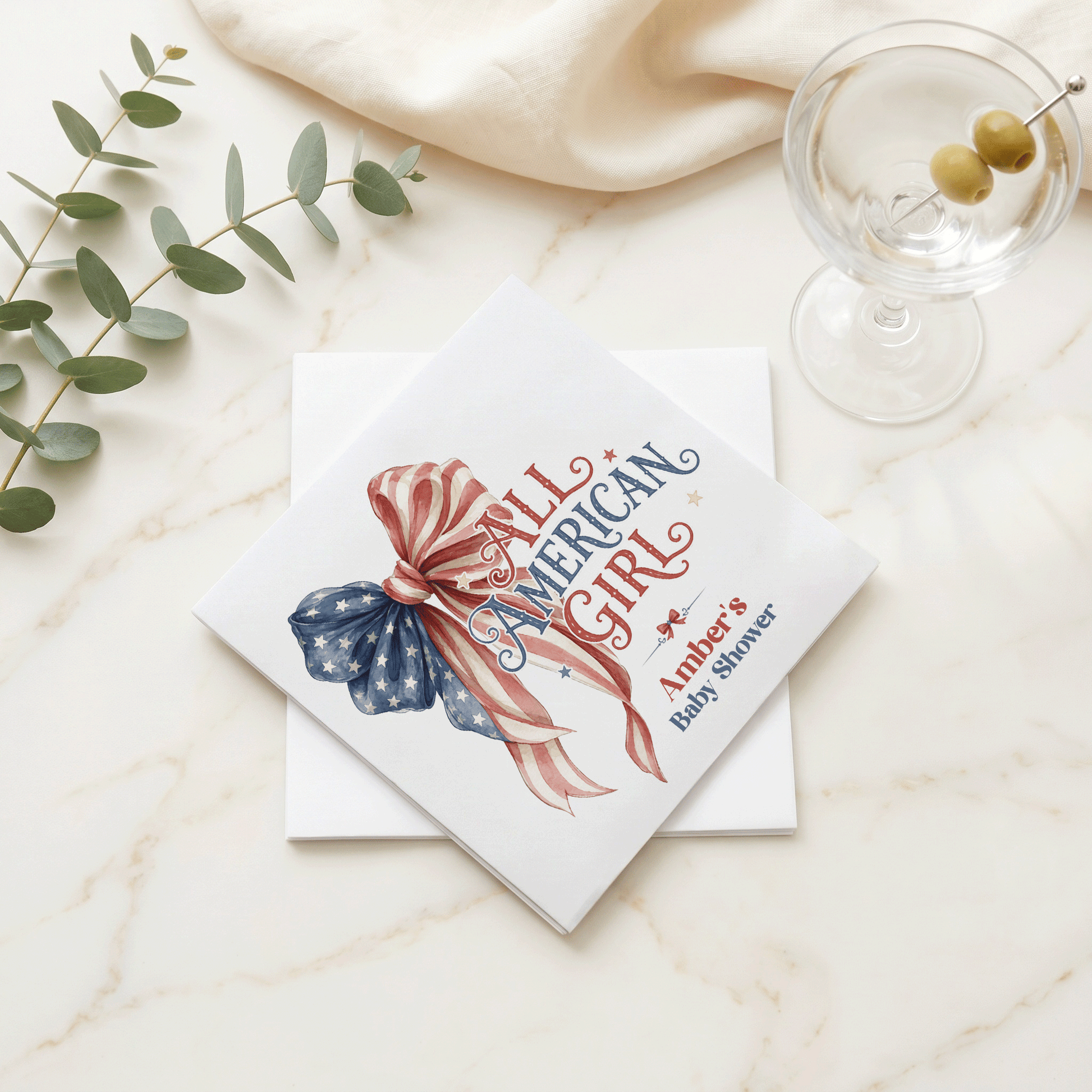 Fourth of July Girl Baby Shower Napkins, Patriotic Bow - Pretty Gifted