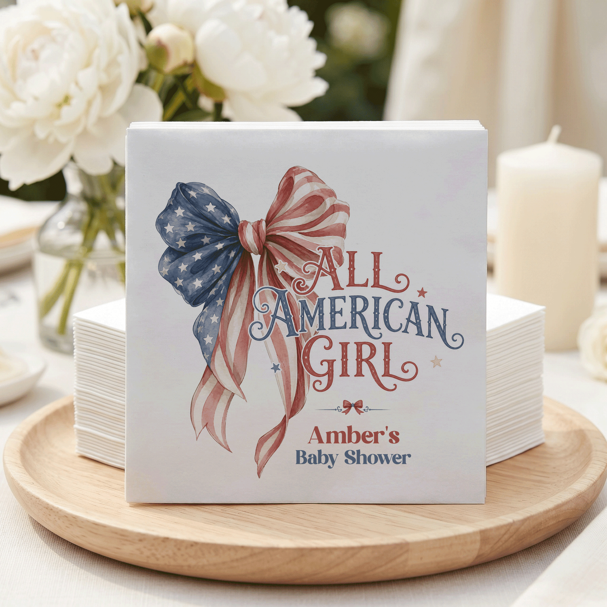 Fourth of July Girl Baby Shower Napkins, Patriotic Bow - Pretty Gifted