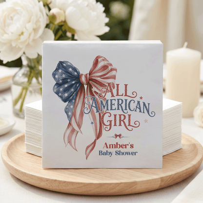 Fourth of July Girl Baby Shower Napkins, Patriotic Bow - Pretty Gifted