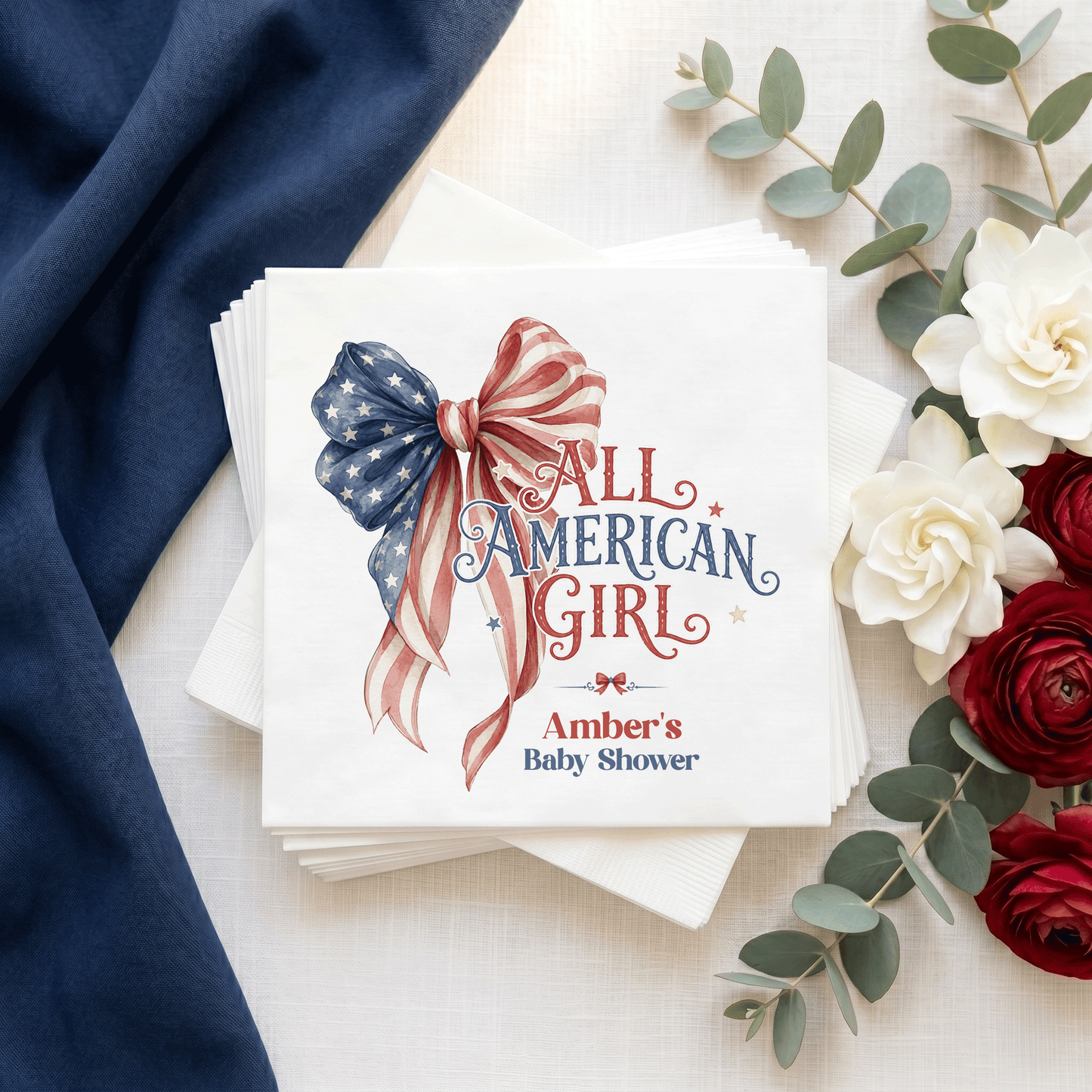 Fourth of July Girl Baby Shower Napkins, Patriotic Bow - Pretty Gifted