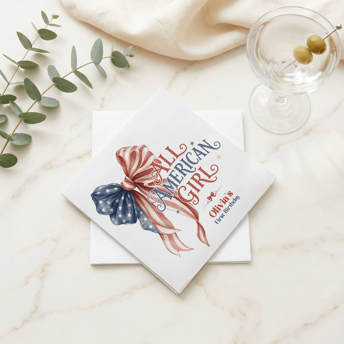 Fourth of July Girl First Birthday Napkins, Patriotic Bow - Pretty Gifted