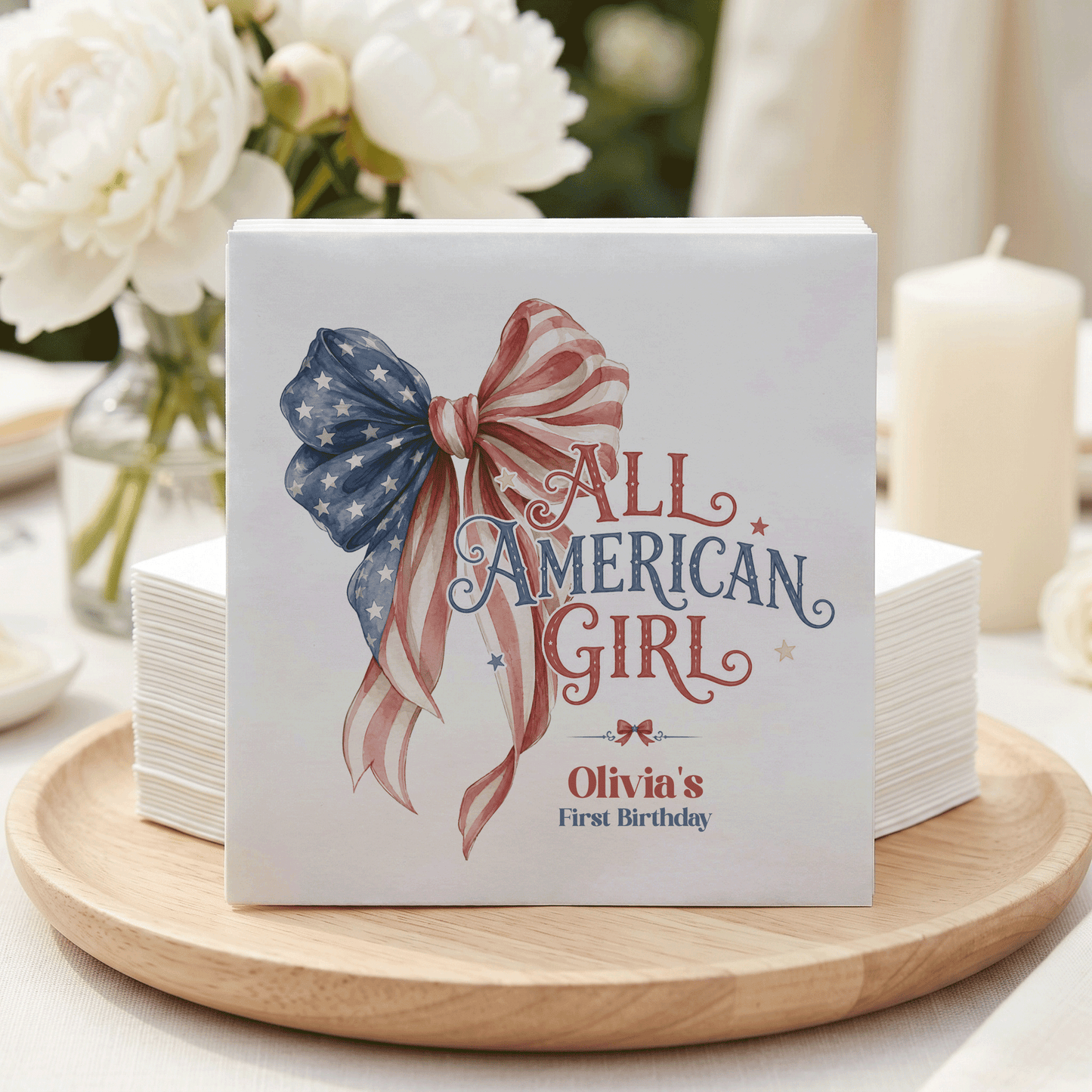 Fourth of July Girl First Birthday Napkins, Patriotic Bow - Pretty Gifted