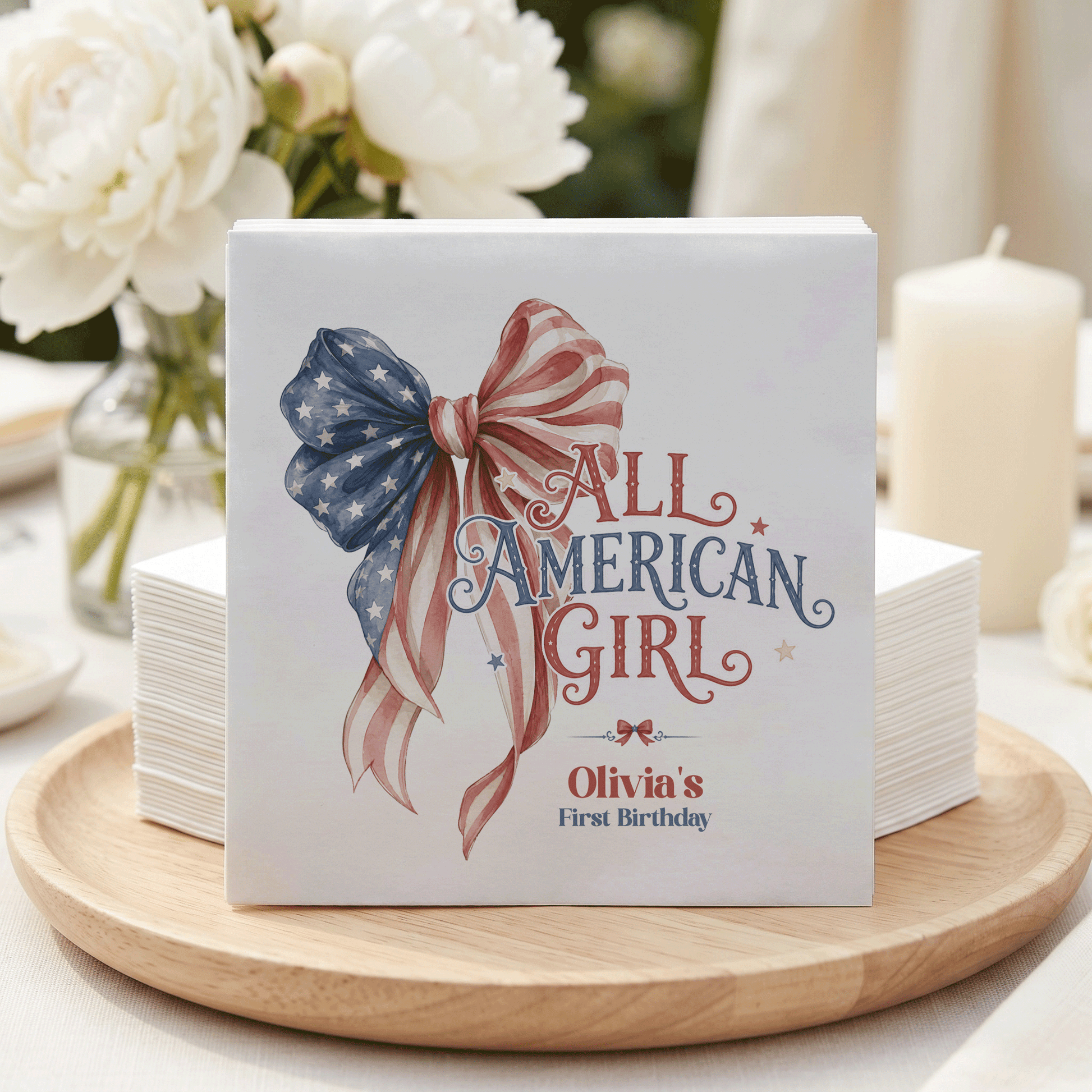 Fourth of July Girl First Birthday Napkins, Patriotic Bow - Pretty Gifted