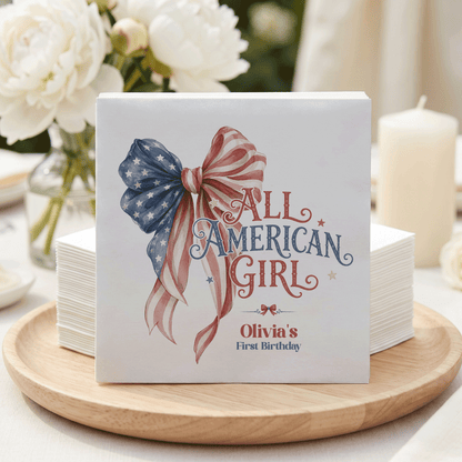 Fourth of July Girl First Birthday Napkins, Patriotic Bow - Pretty Gifted