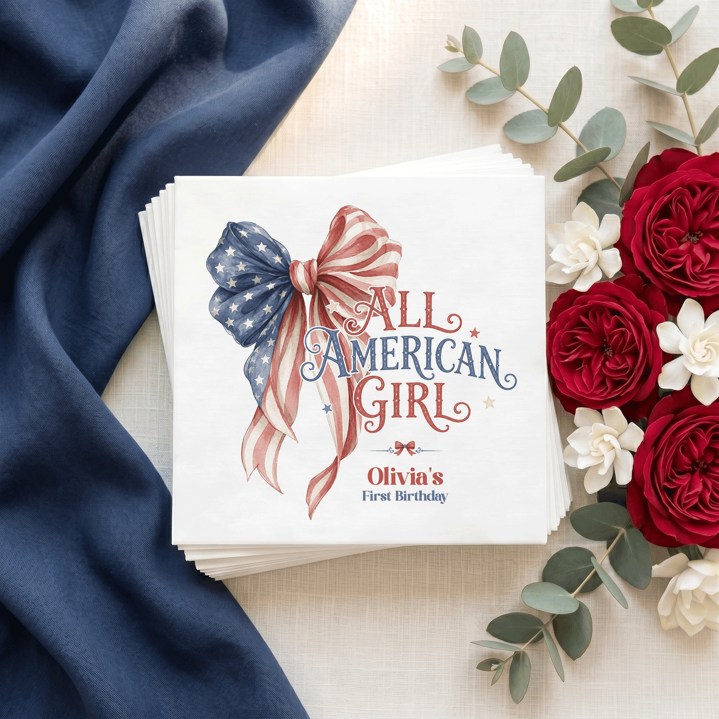 Fourth of July Girl First Birthday Napkins, Patriotic Bow - Pretty Gifted
