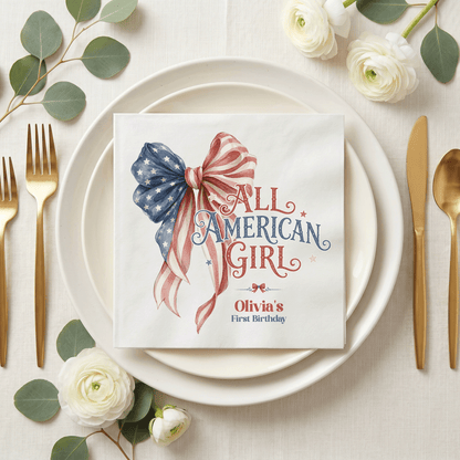 Fourth of July Girl First Birthday Napkins, Patriotic Bow - Pretty Gifted