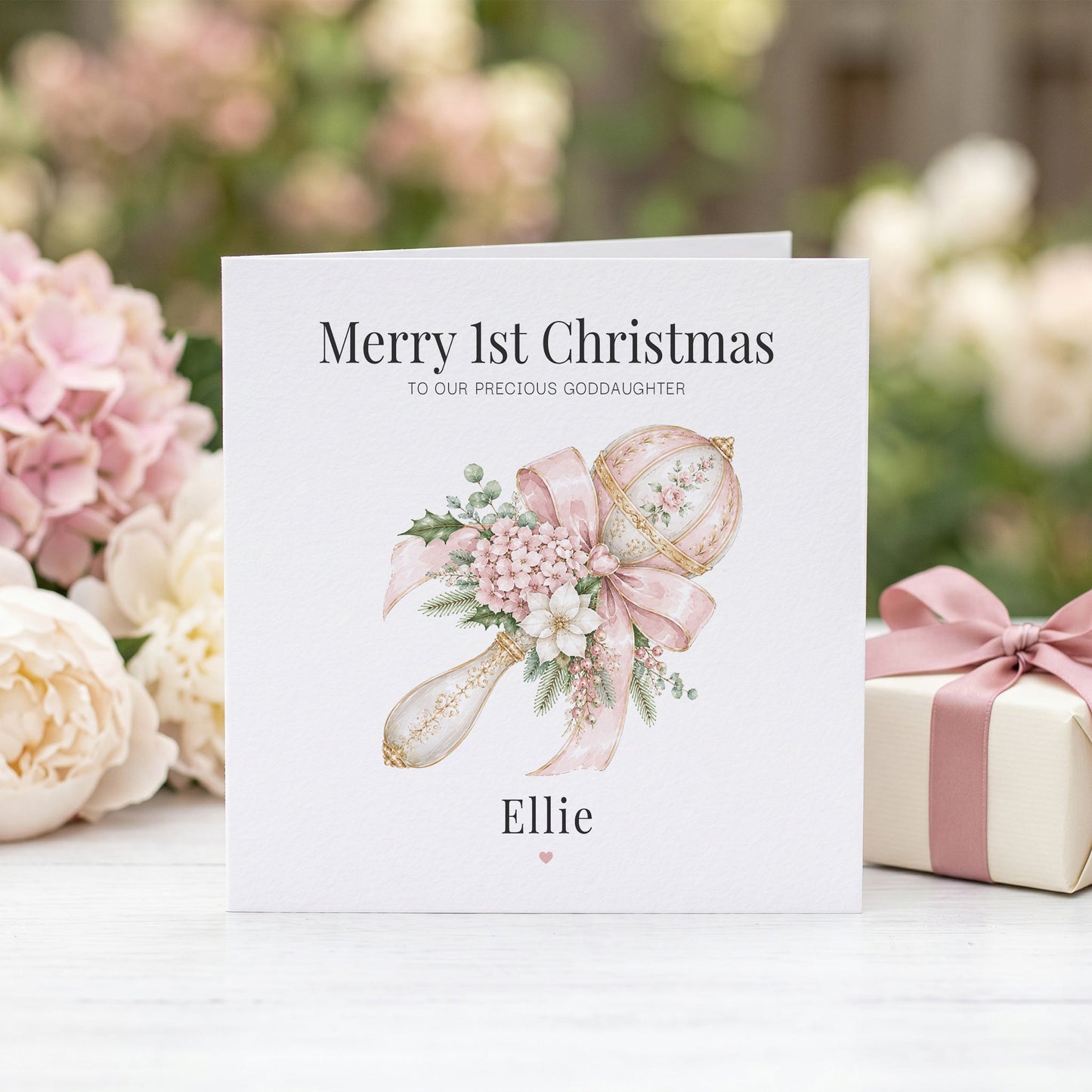 Goddaughter First Christmas Card | Personalized Baby Pink Keepsake - Pretty Gifted