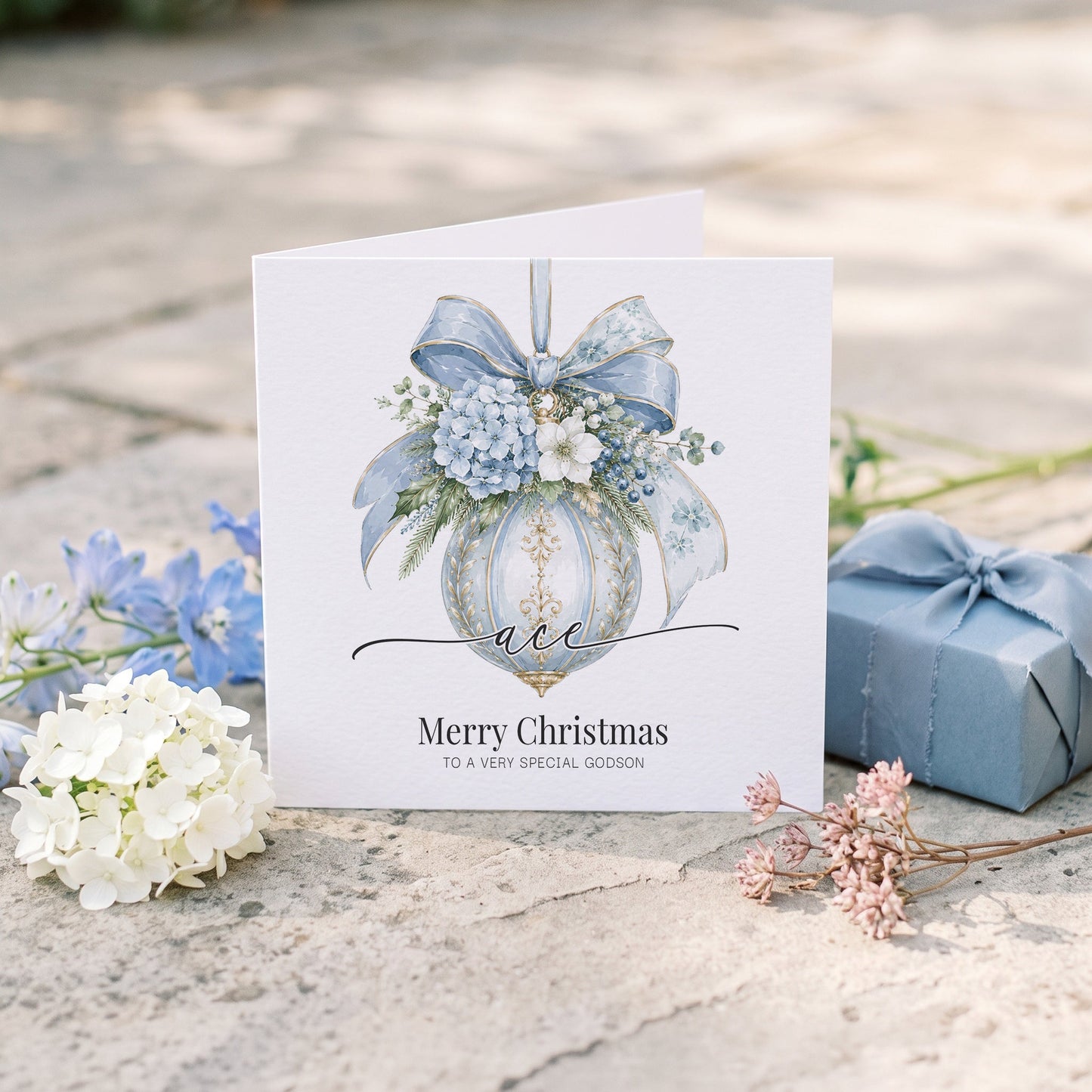 Godson Christmas Card | Personalized Blue Ornament Name Keepsake - Pretty Gifted