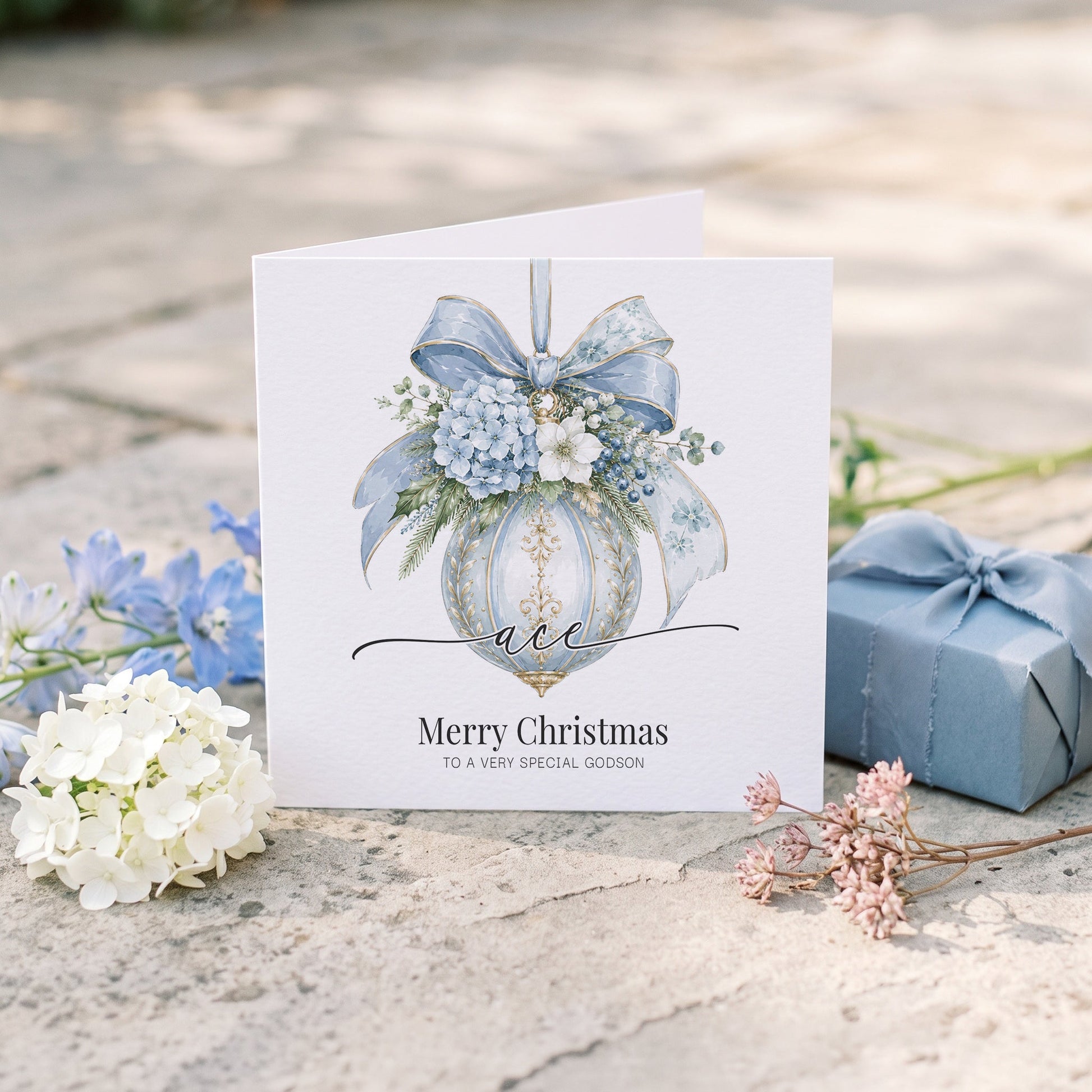 Godson Christmas Card | Personalized Blue Ornament Name Keepsake - Pretty Gifted