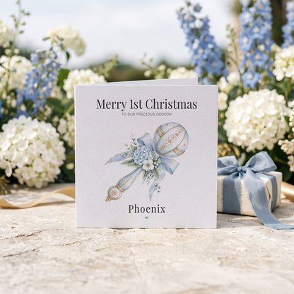 Godson First Christmas Card | Personalized Baby Blue Keepsake - Pretty Gifted
