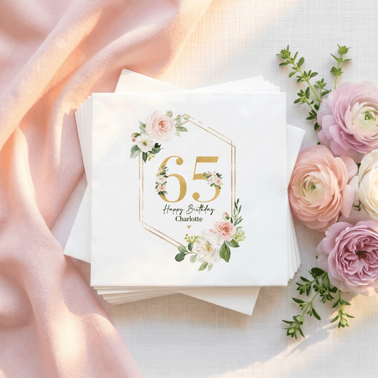 Gold Hexagon 65th Birthday Napkins, Blush Floral, Personalized - Pretty Gifted