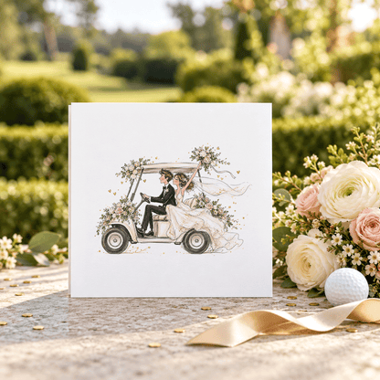 Golf Cart Wedding Card with Names and Soft Blush Flowers - Pretty Gifted