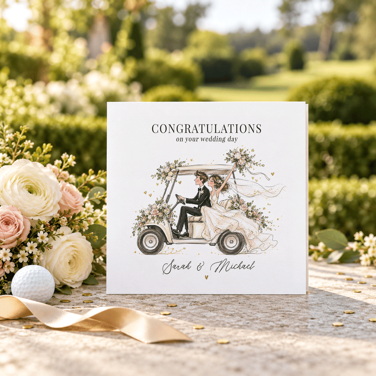 Golf Cart Wedding Card with Names and Soft Blush Flowers - Pretty Gifted