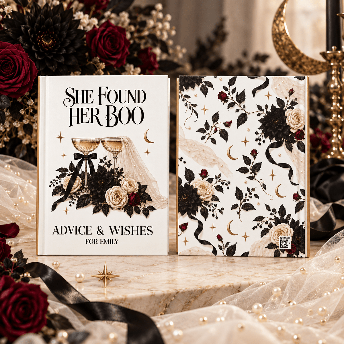 Gothic Bridal Shower Guest Book, Black and Ivory Florals - Pretty Gifted