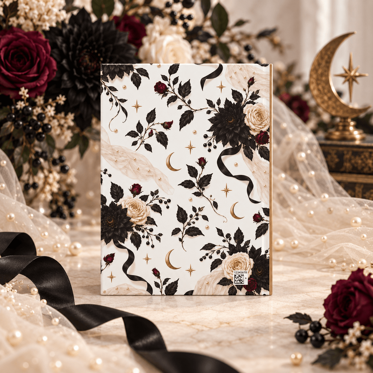 Gothic Bridal Shower Guest Book, Black and Ivory Florals - Pretty Gifted