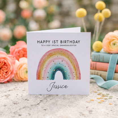 Granddaughter 1st Birthday Card, Rainbow Keepsake - Pretty Gifted