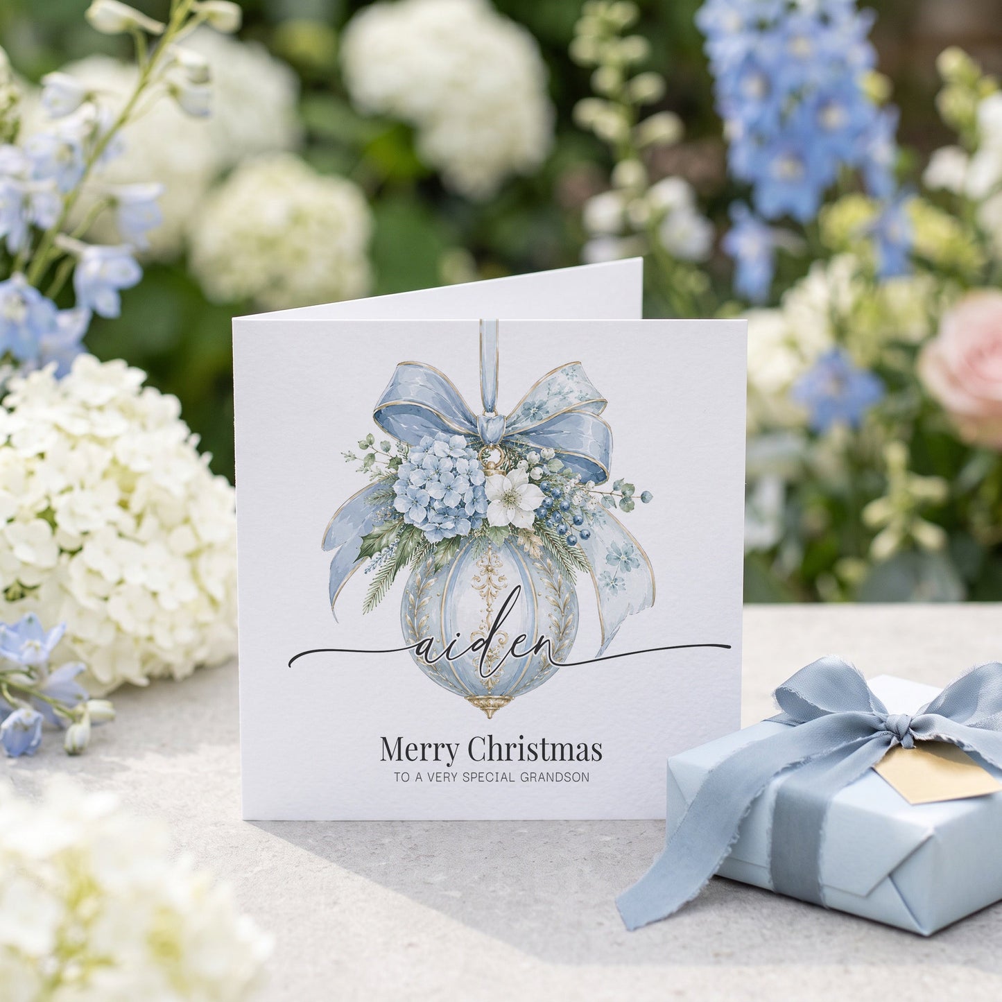 Grandson Christmas Card | Personalized Blue Bauble Name Keepsake - Pretty Gifted