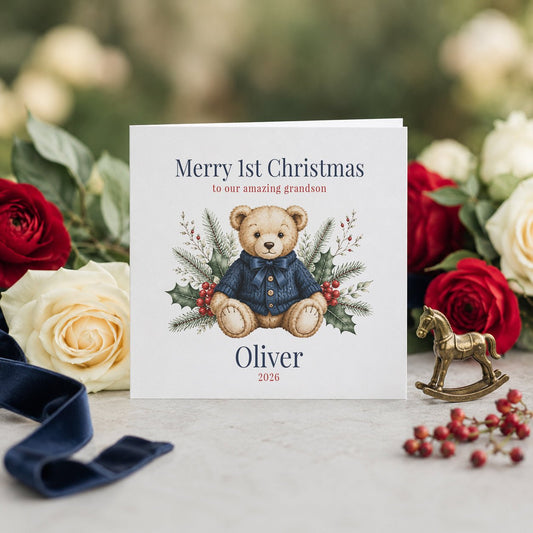 Grandson First Christmas Card, Heirloom Teddy Bear - Pretty Gifted