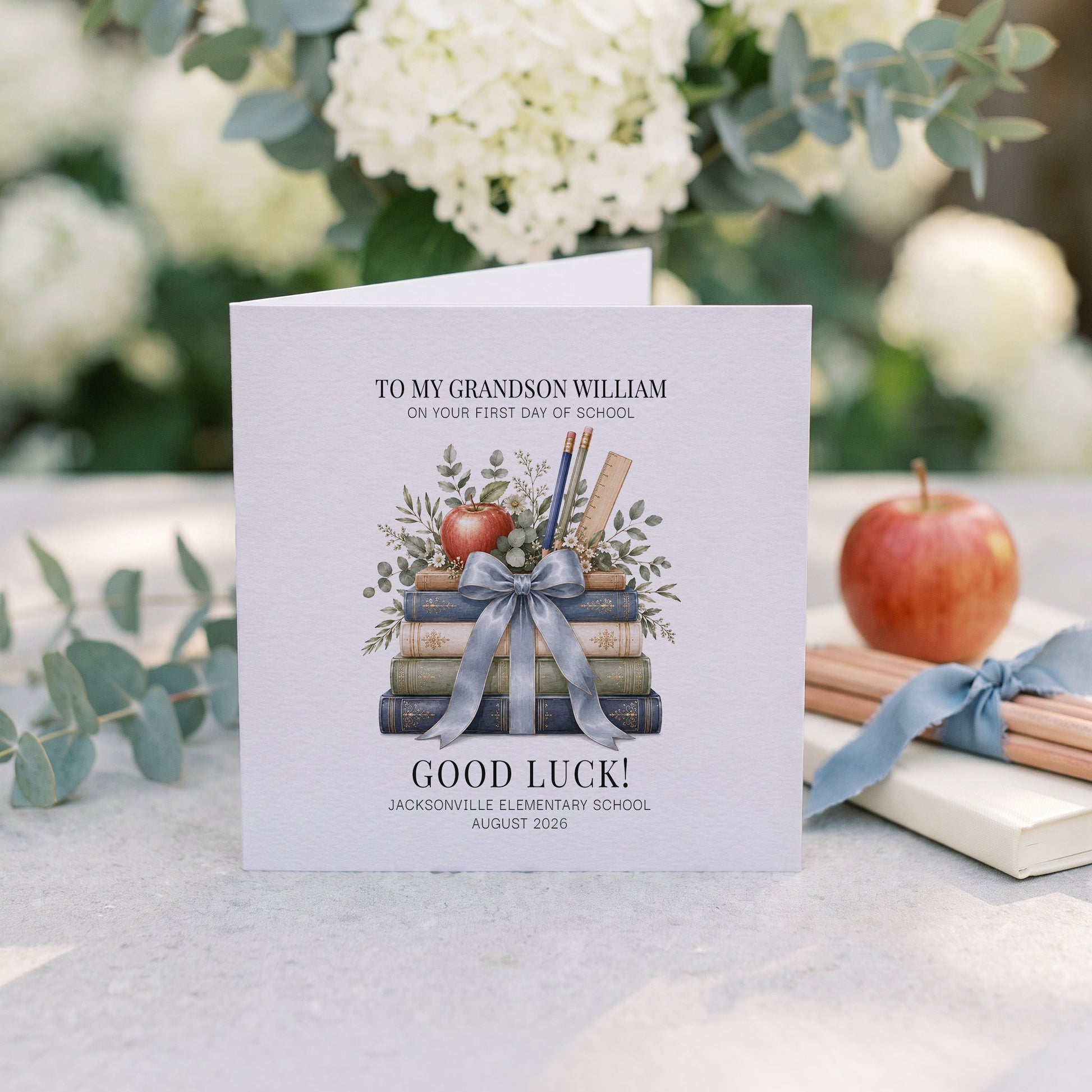 Grandson First Day of School Card | Book Stack Keepsake - Pretty Gifted