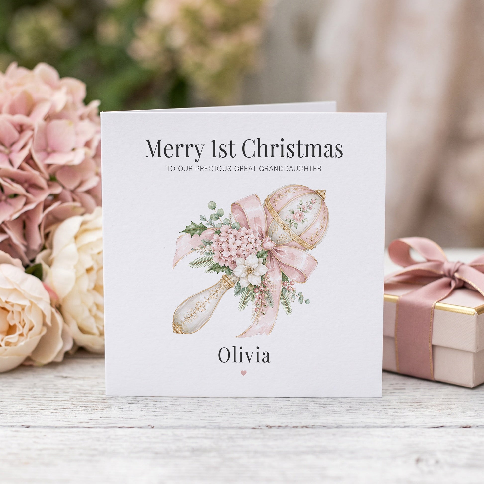 Great Granddaughter 1st Christmas Card | Personalized Pink Keepsake - Pretty Gifted