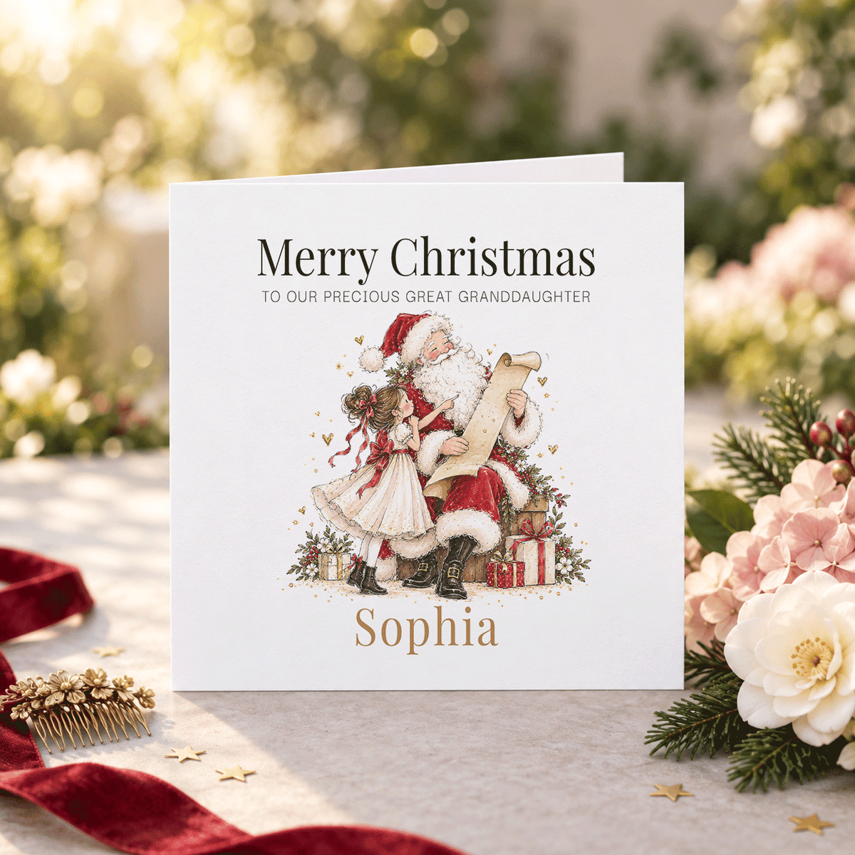 Great Granddaughter Christmas Card, Whimsical Santa Scene - Pretty Gifted