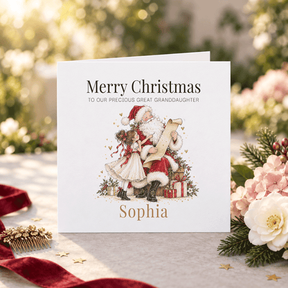 Great Granddaughter Christmas Card, Whimsical Santa Scene - Pretty Gifted