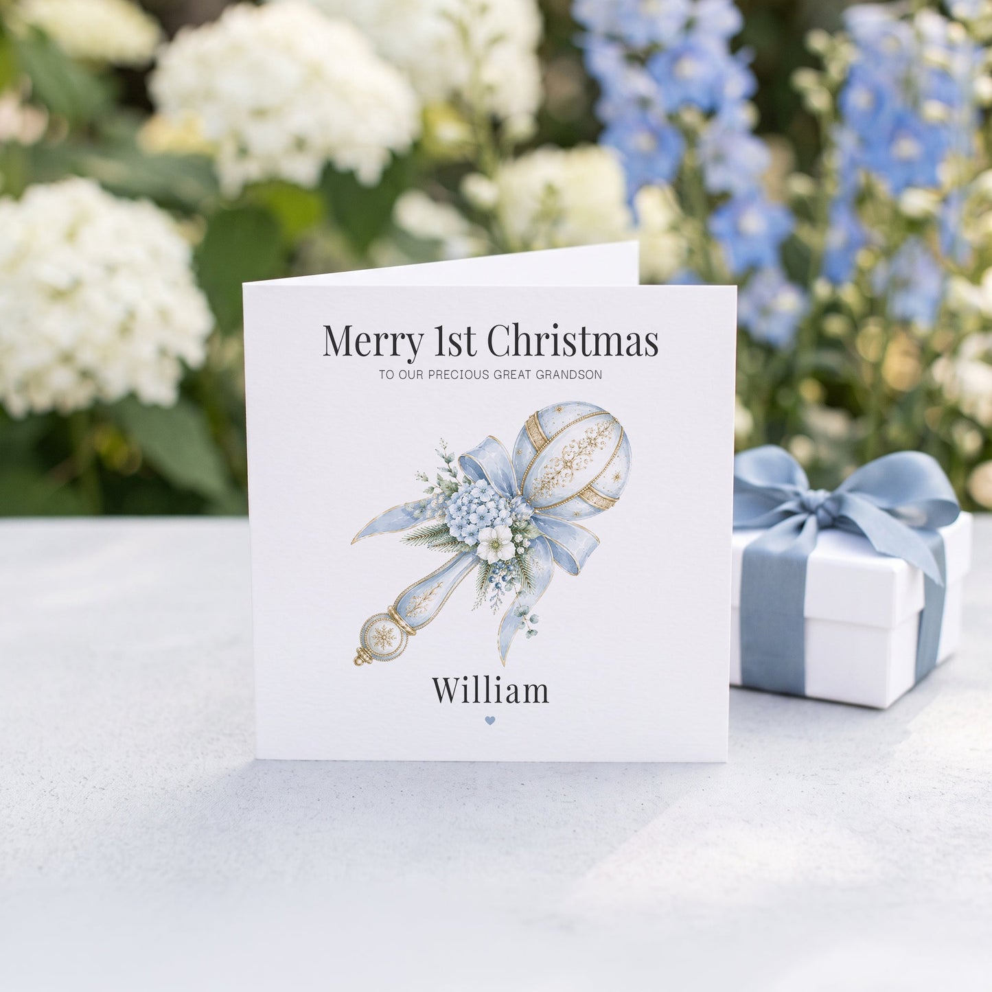 Great Grandson 1st Christmas Card | Personalized Blue Keepsake - Pretty Gifted