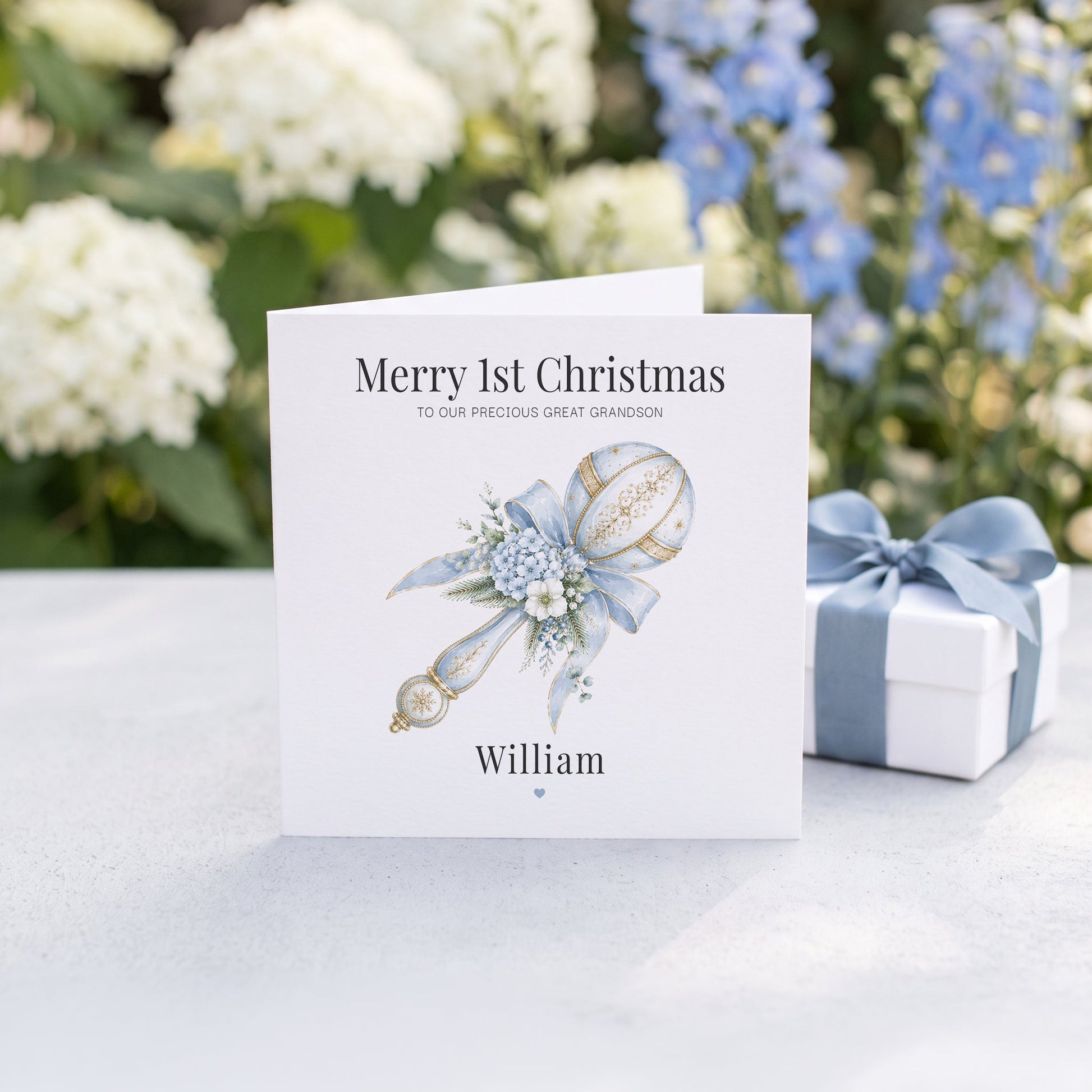 Great Grandson 1st Christmas Card | Personalized Blue Keepsake - Pretty Gifted