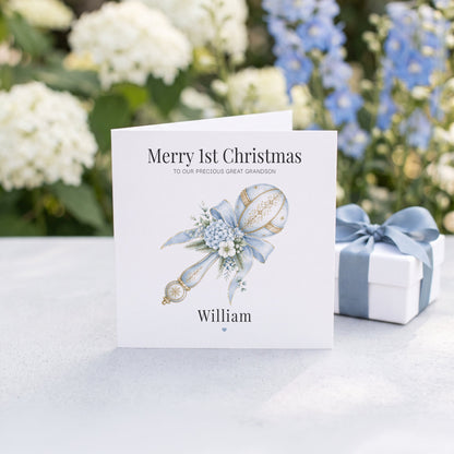 Great Grandson 1st Christmas Card | Personalized Blue Keepsake - Pretty Gifted