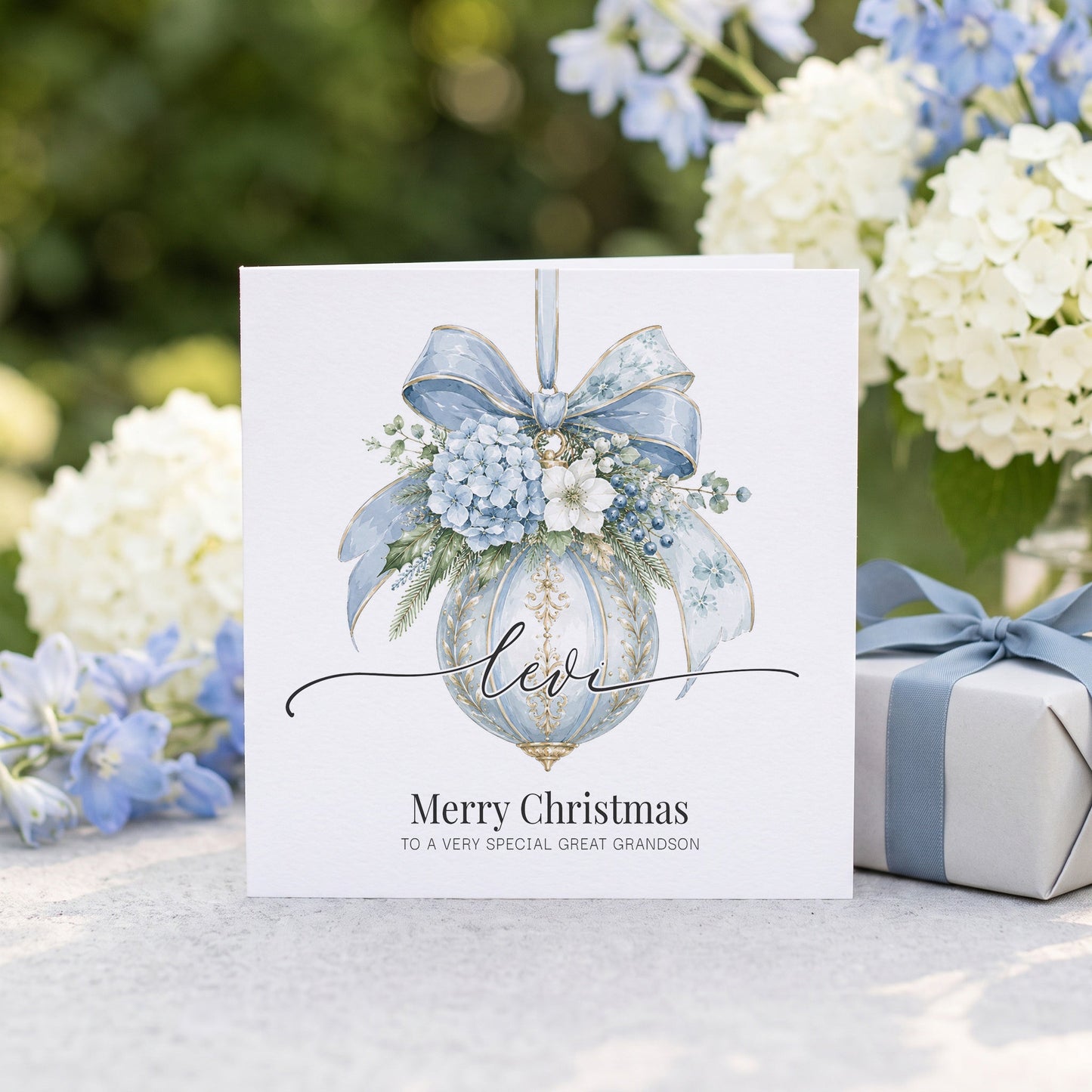 Great Grandson Christmas Card | Personalized Blue Bauble Keepsake - Pretty Gifted