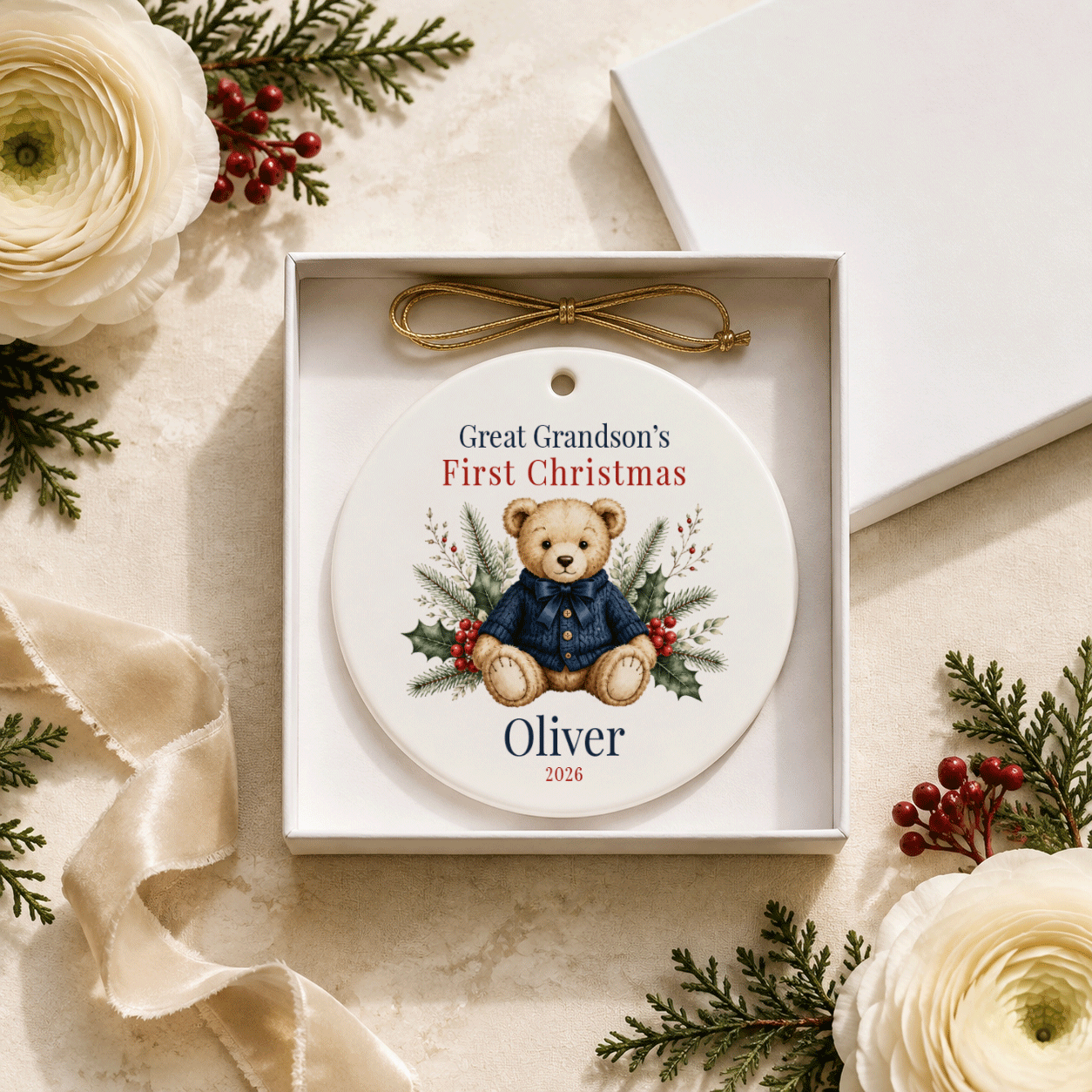 Great Grandson First Christmas Ornament, Heirloom Teddy - Pretty Gifted