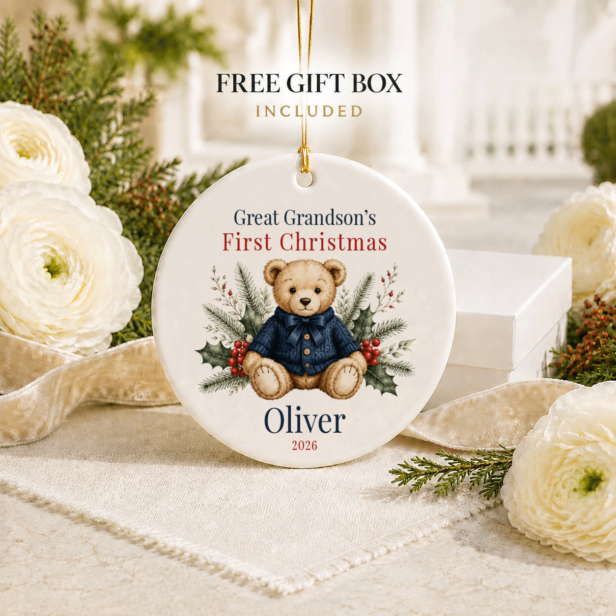 Great Grandson First Christmas Ornament, Heirloom Teddy - Pretty Gifted