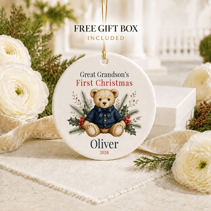 Great Grandson First Christmas Ornament, Heirloom Teddy - Pretty Gifted