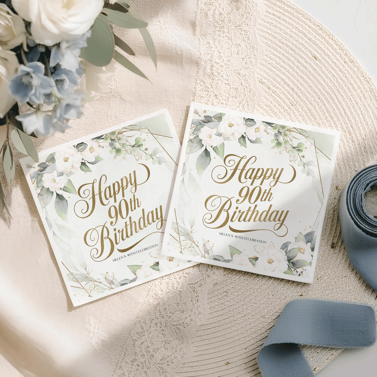 Green White and Gold Floral 90th Birthday Napkins - Pretty Gifted