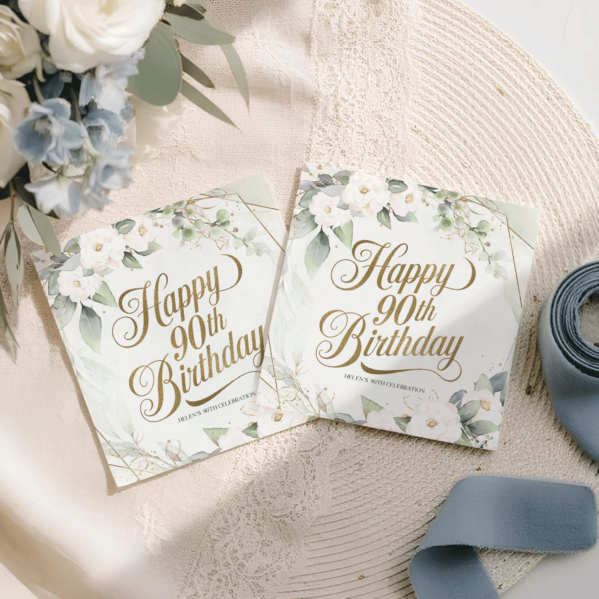 Green White and Gold Floral 90th Birthday Napkins - Pretty Gifted