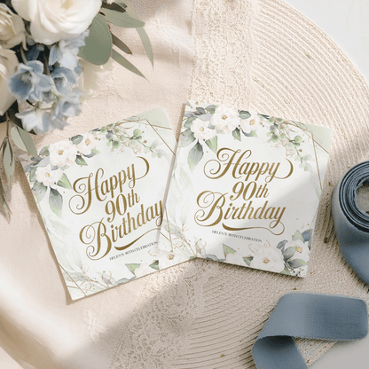 Green White and Gold Floral 90th Birthday Napkins - Pretty Gifted