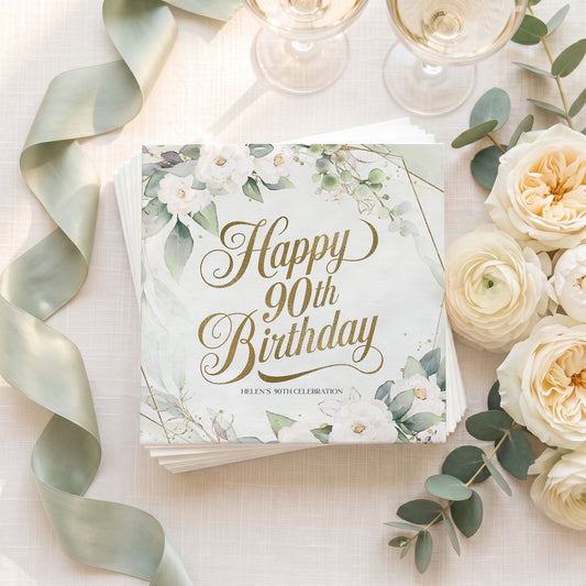 Green White and Gold Floral 90th Birthday Napkins - Pretty Gifted