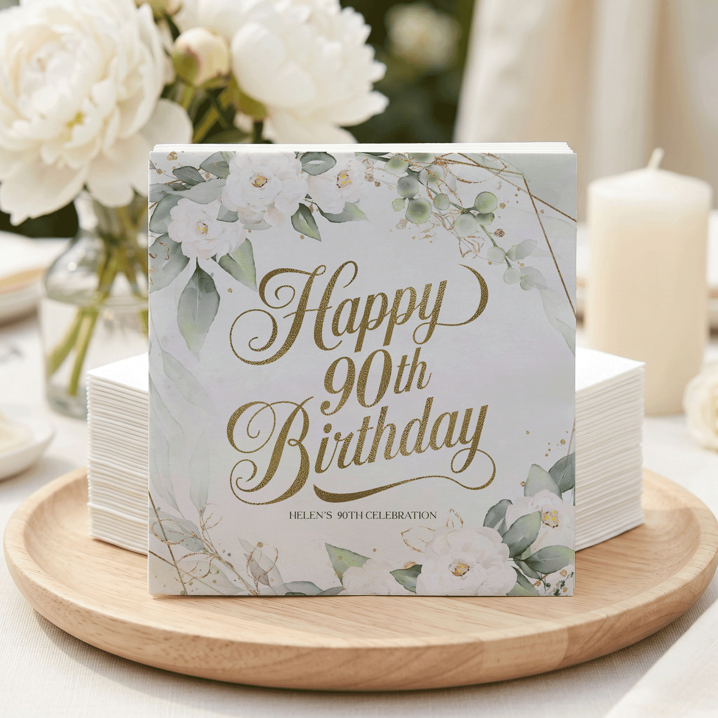 Green White and Gold Floral 90th Birthday Napkins - Pretty Gifted
