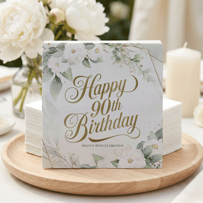 Green White and Gold Floral 90th Birthday Napkins - Pretty Gifted