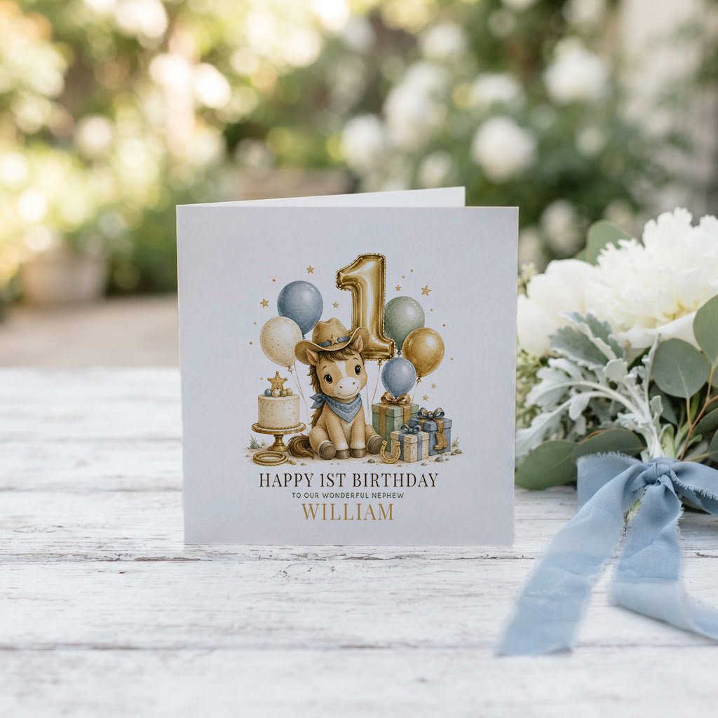 Happy 1st Birthday Nephew Card | Personalized Cowboy - Pretty Gifted
