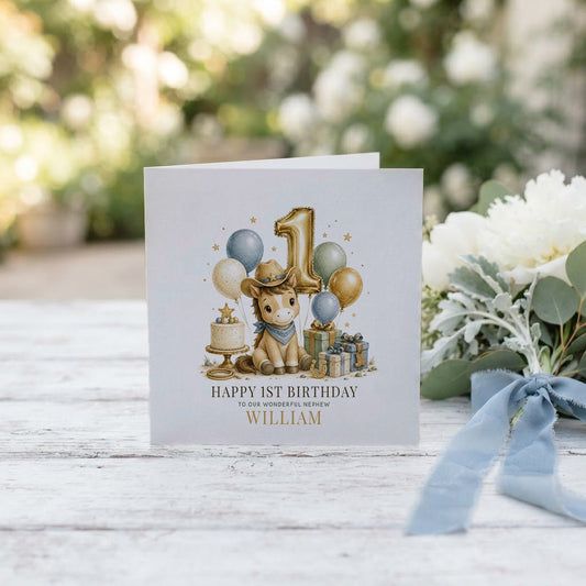 Happy 1st Birthday Nephew Card | Personalized Cowboy - Pretty Gifted