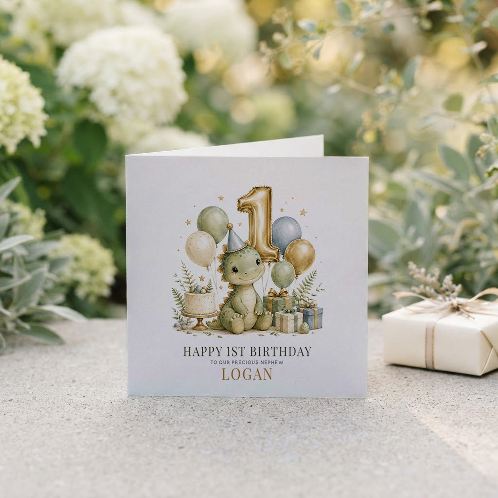 Happy 1st Birthday Nephew Card | Personalized Dino - Pretty Gifted