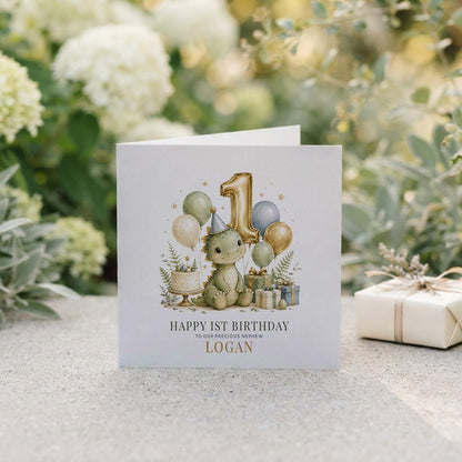 Happy 1st Birthday Nephew Card | Personalized Dino - Pretty Gifted